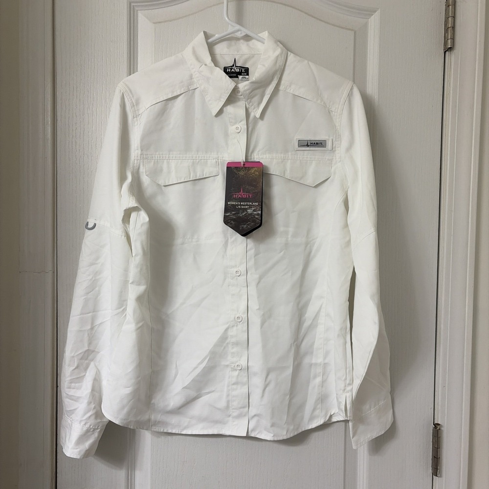 Habit Shirt Womens Medium White Collared Long Sleeve Button Up UV Fishing Top